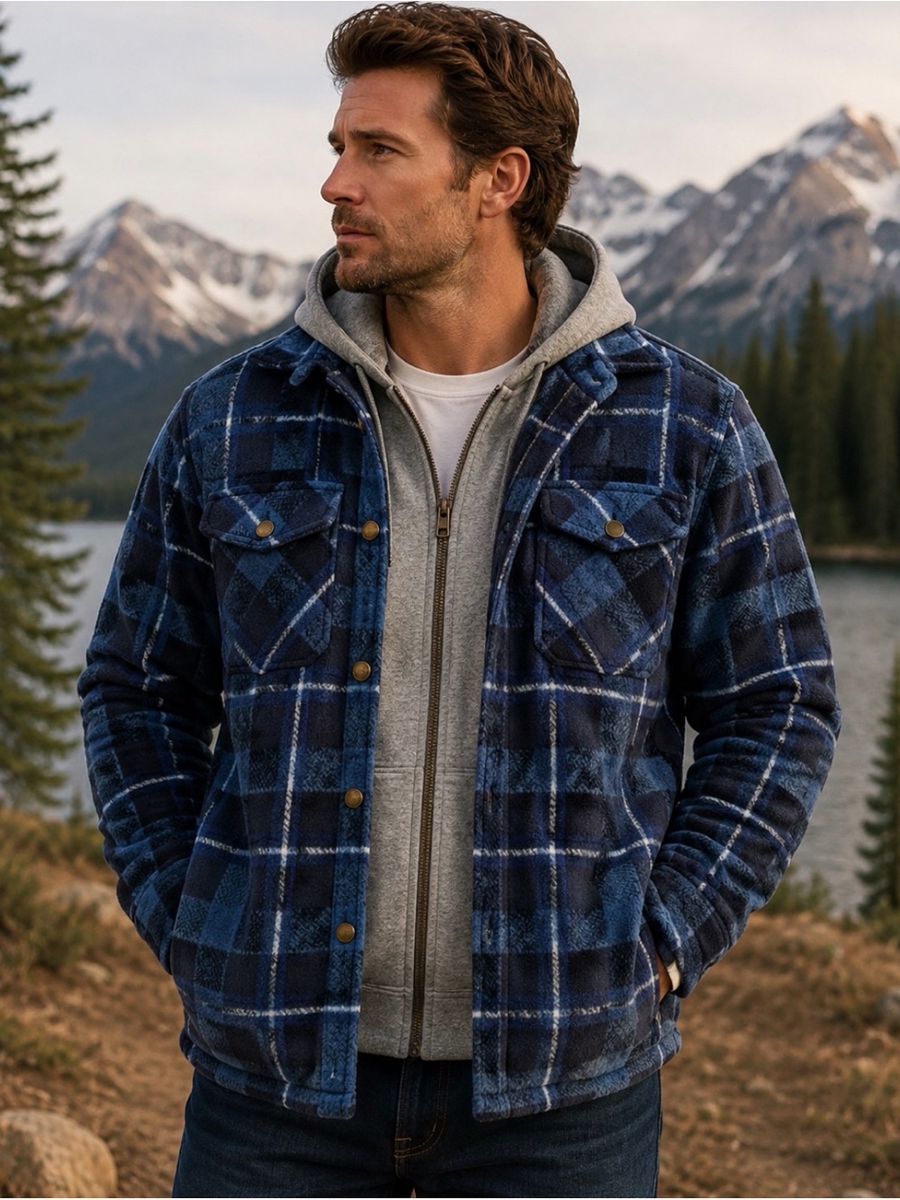Men's Blue Plaid Lightweight Shacket Jacket
